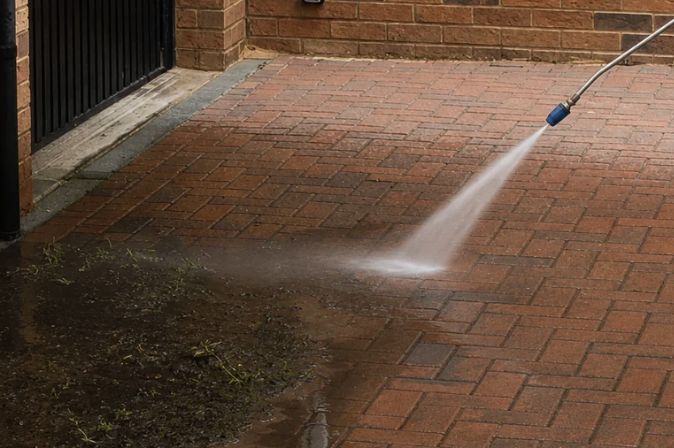 Brick wall being soft washed