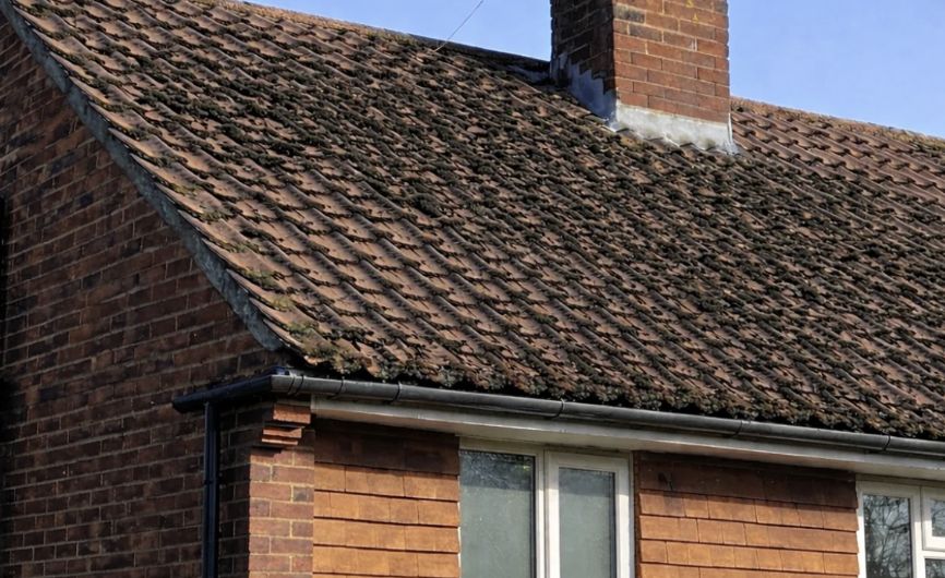 A clean tiled roof with chimney in Surrey after a full Arcline roof clean