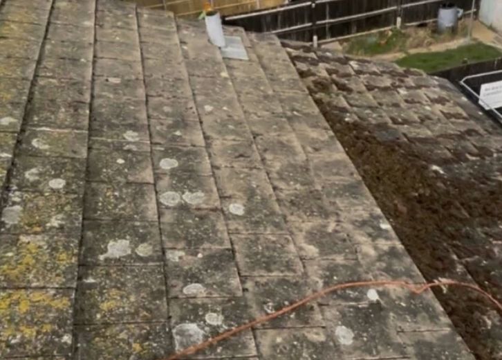Moss removed from a grey shingle roof