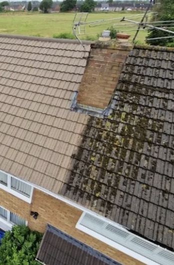 Aerial view of a mossy roof before cleaning