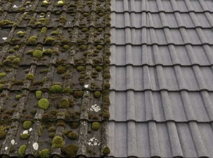 Red tiled roof, half mossed and half cleaned