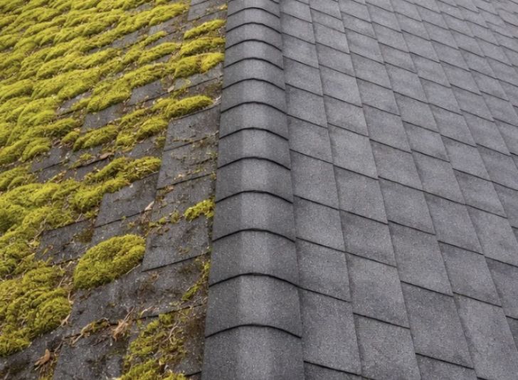Shingle roof, half covered in moss and half cleaned